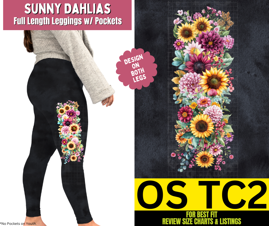Sunny Dahlias Watercolor Full Length Leggings w/ Side Leg Designs