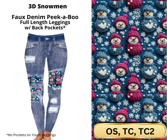 3D Snowmen Faux Denim Full Length Peekaboo Leggings