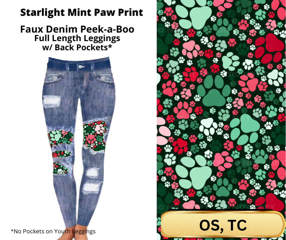 Starlight Mint Paw Print Faux Denim Full Length Peekaboo Leggings