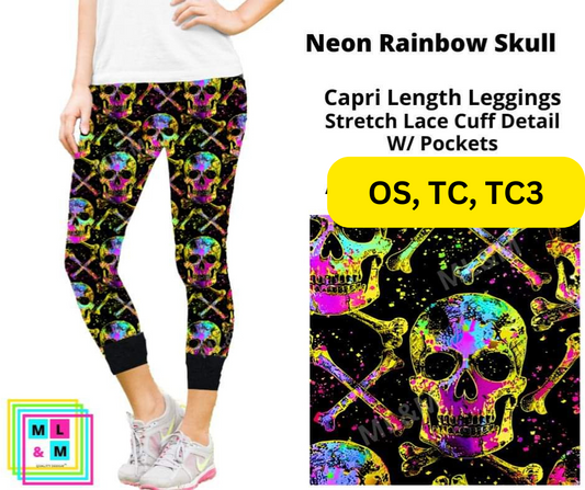 Neon Rainbow Skull Lace Cuff Capris w/ Pockets