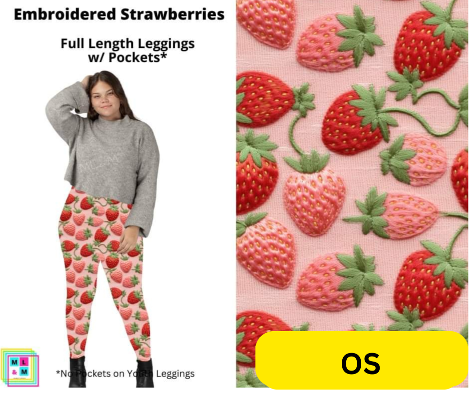 Embroidered Strawberries Full Length Leggings w/ Pockets