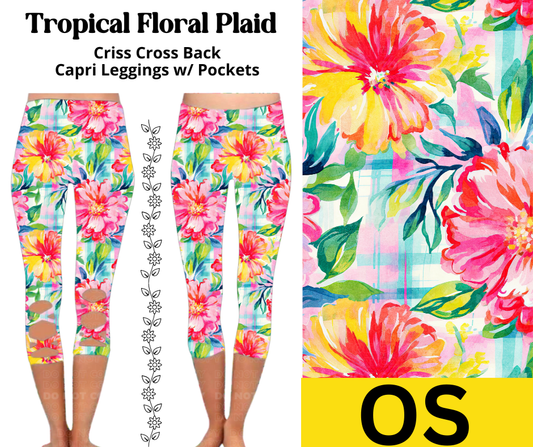 Tropical Floral Plaid Criss Cross Capri w/ Pockets