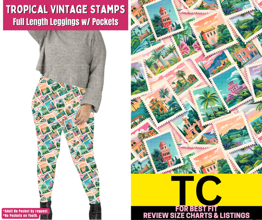 Tropical Vintage Stamps Full Length Leggings w/ Pockets