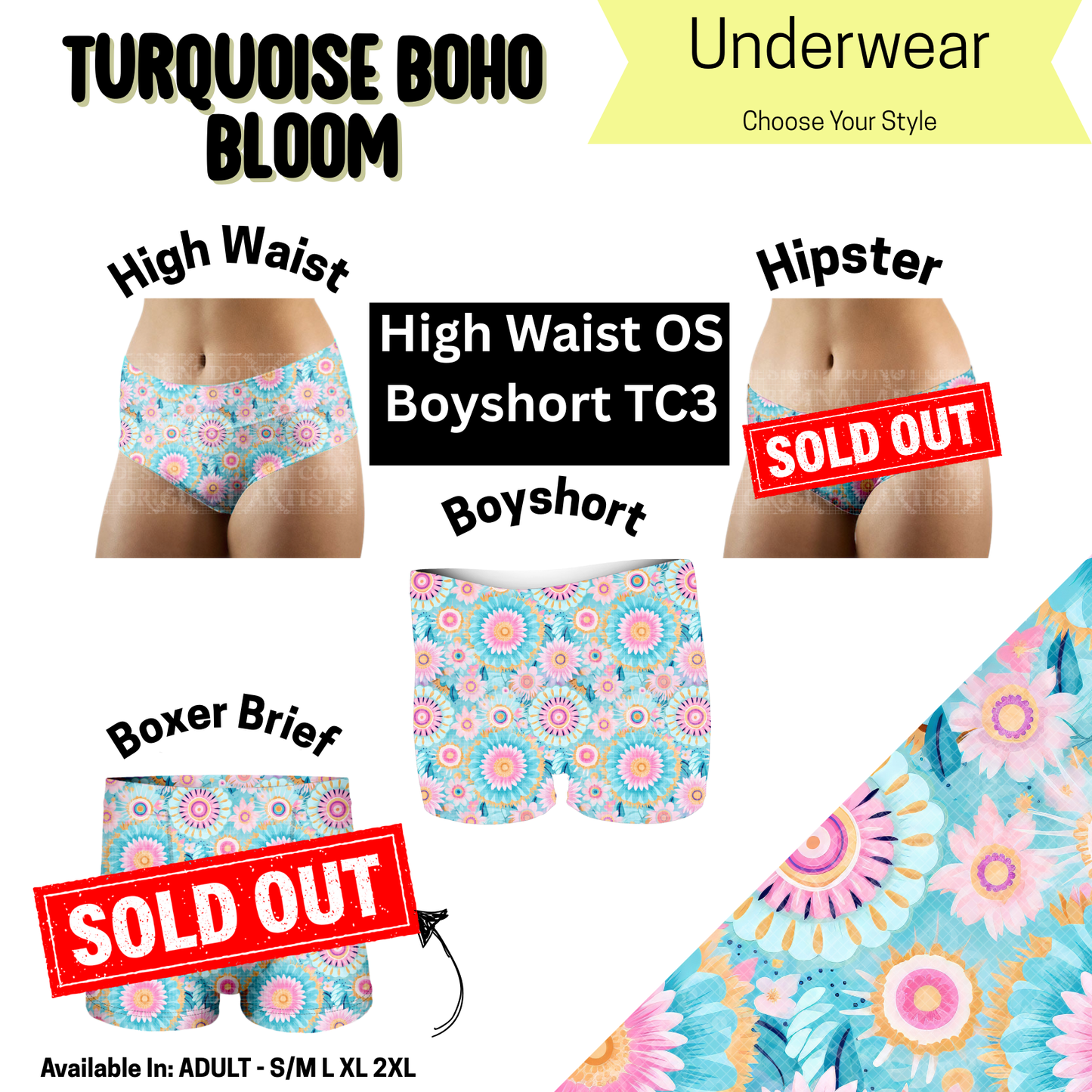 Turquoise Boho Bloom High Waist, Boyshort Underwear