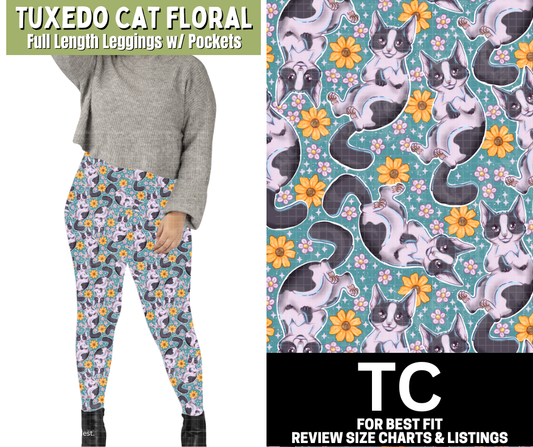 Tuxedo Cat Floral Full Length Leggings w/ Pockets