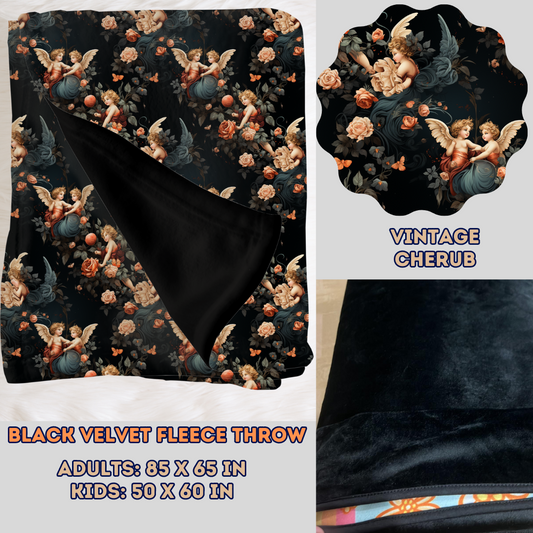VINTAGE CHERUB - SOFT BLACK FLEECE THROW BLANKETS