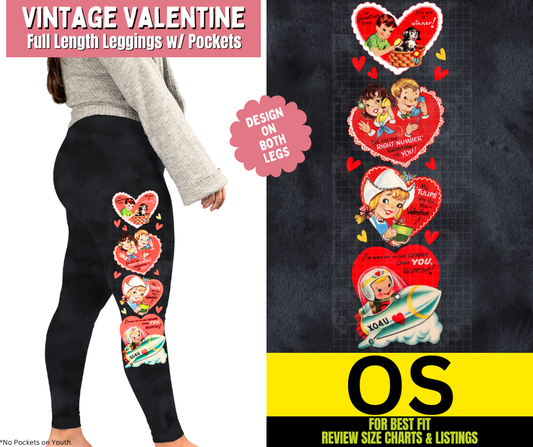 Vintage Valentine Watercolor Full Length Leggings w/ Side Leg Designs