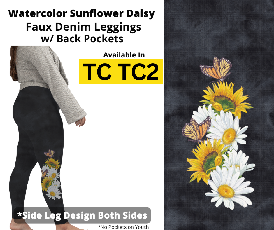 Watercolor Sunflower Daisy Full Length Leggings w/ Side Leg Designs