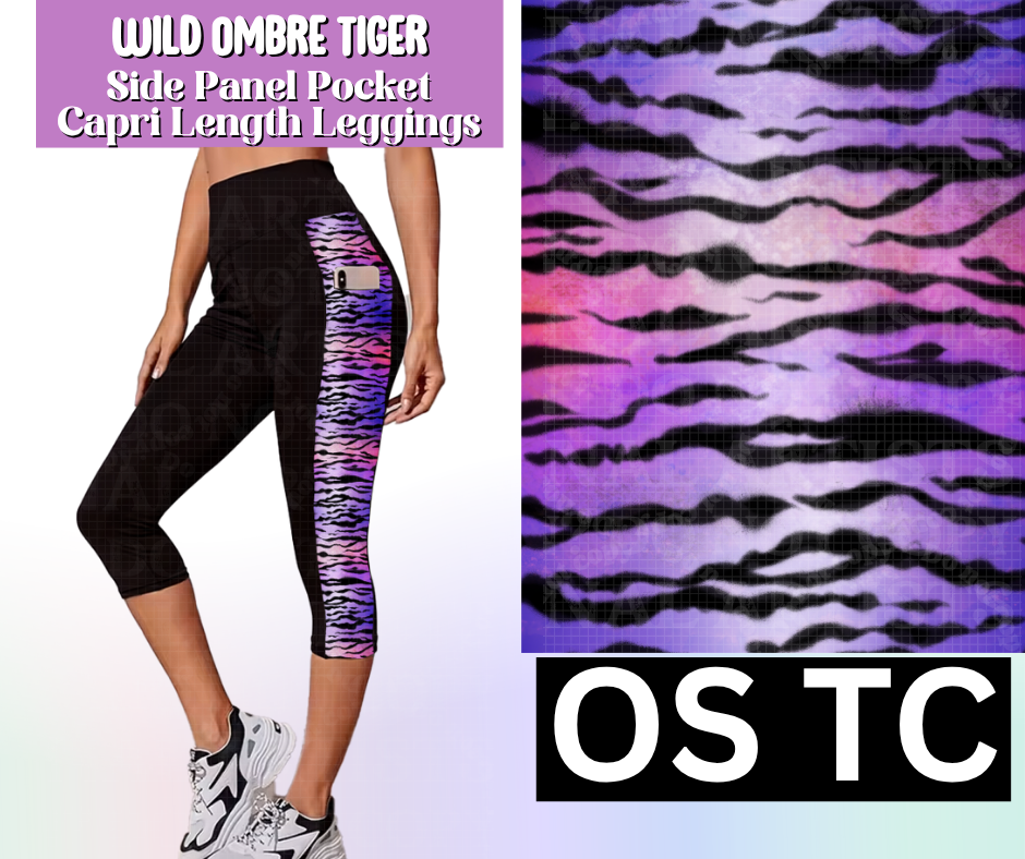 White Ombre Tiger Side Panel Pocket Capri Length Leggings