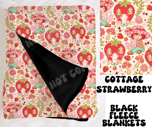 COTTAGE STRAWBERRY- SOFT BLACK FLEECE THROW BLANKET