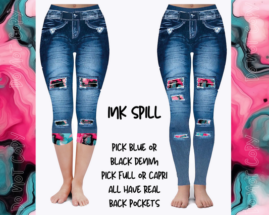 INK SPILL - DENIM RUN W/ BACK POCKETS - LEGGINGS/CAPRI