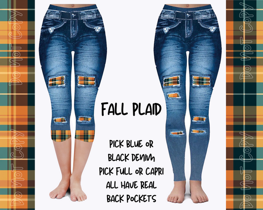 FALL PLAID - DENIM RUN W/ BACK POCKETS - LEGGINGS/CAPRI