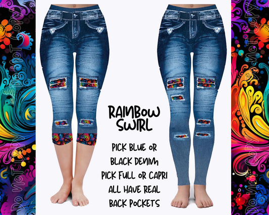 RAINBOW SWIRL - DENIM RUN W/ BACK POCKETS - LEGGINGS/CAPRI