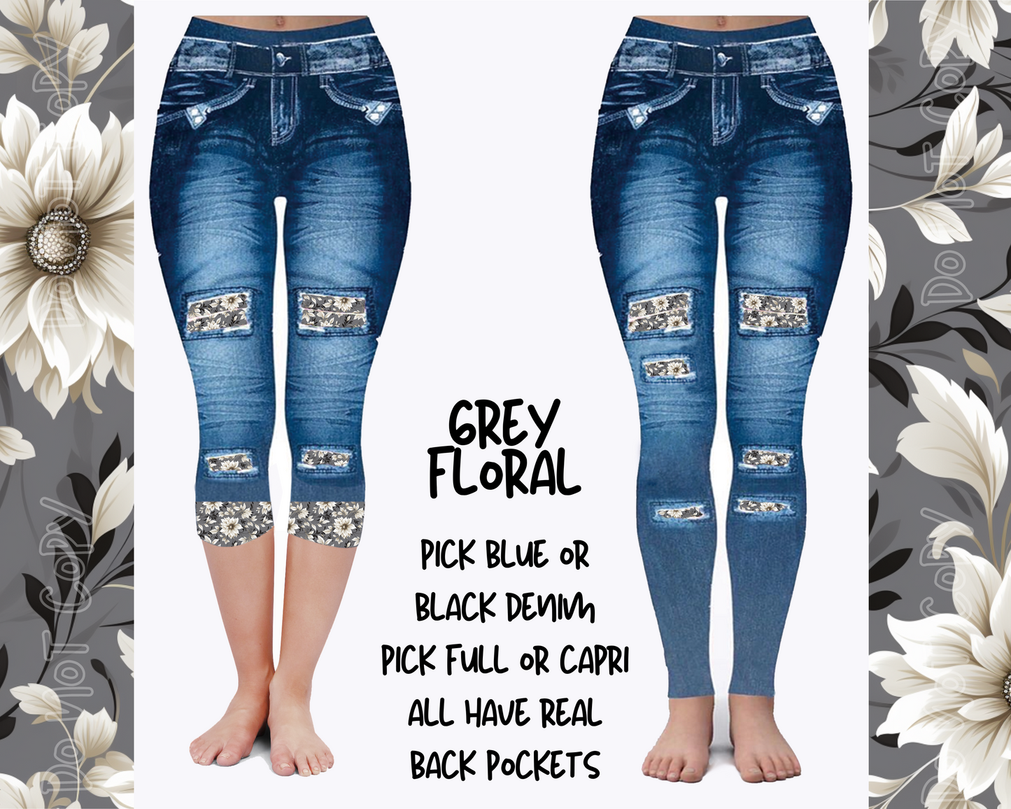 GREY FLORAL - DENIM RUN W/ BACK POCKETS - LEGGINGS/CAPRI