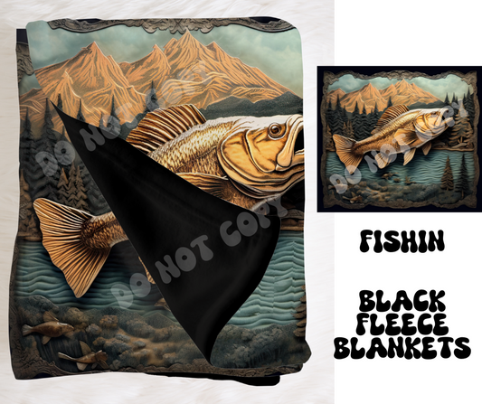 FISHIN- SOFT BLACK FLEECE THROW BLANKET