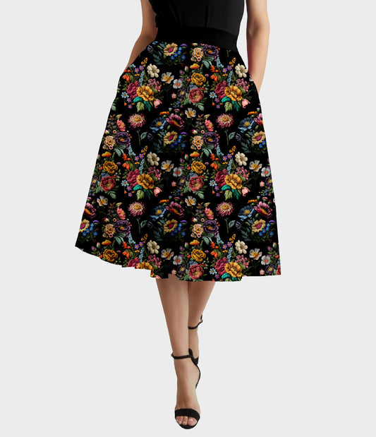 RTS - Floral Embroidery Swing Skirt w/ Pockets