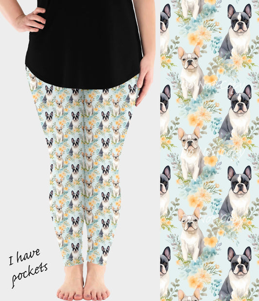 RTS - Floral French Bulldog Leggings w/ Pockets