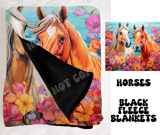 HORSES- SOFT BLACK FLEECE THROW BLANKET