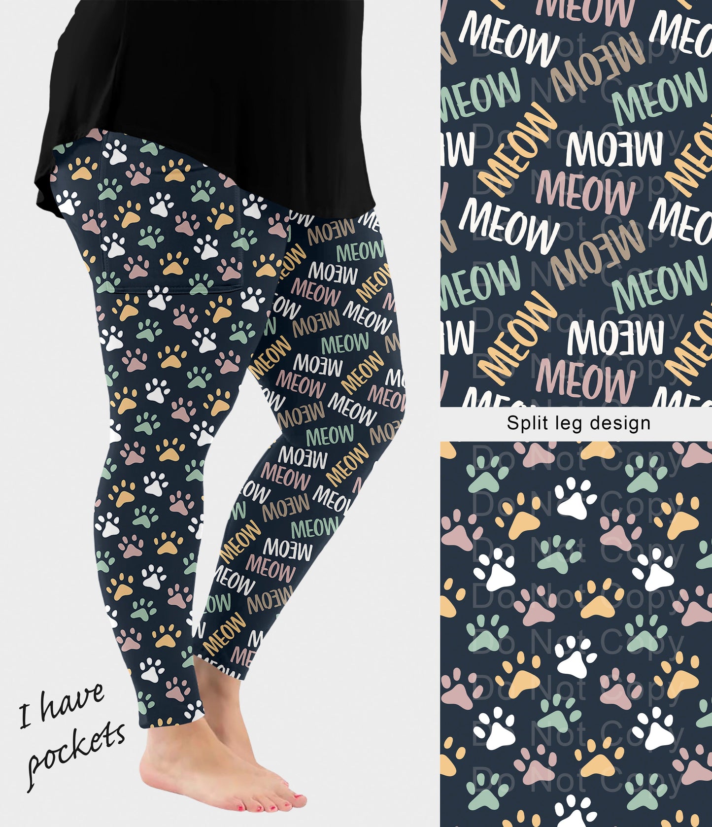 RTS - Meow Paws Split Leg Design Leggings with Pockets