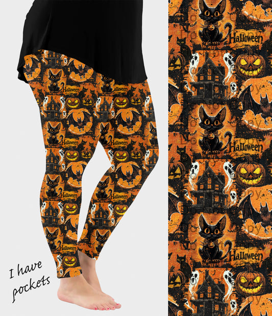 RTS - Orange Halloween Collage Leggings w/ Pockets