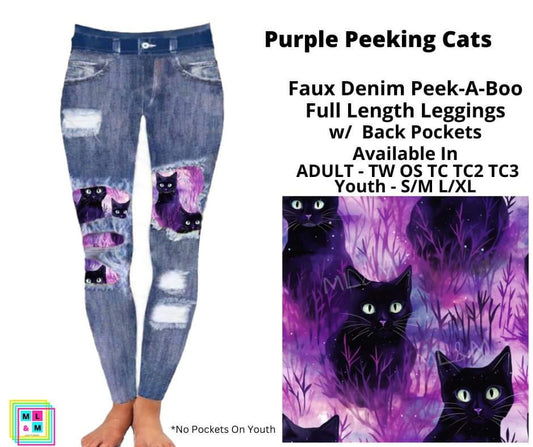 Purple Peeking Cats Faux Denim Full Length Peekaboo Leggings