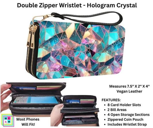 Hologram Crystal Double Zipper Wristlet