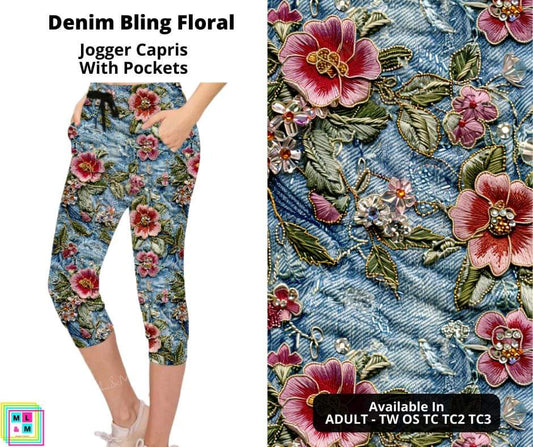 Denim Bling Floral Jogger Capri