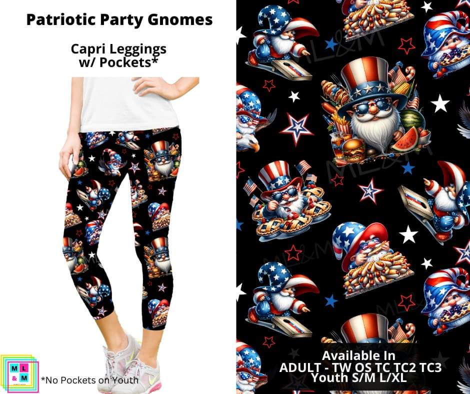 Patriotic Party Gnomes Capri Length Leggings w/ Pockets