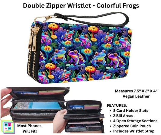Colorful Frogs Double Zipper Wristlet