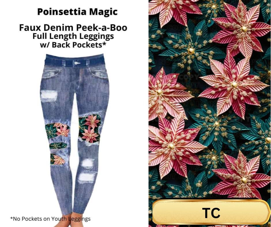 Poinsettia Magic Faux Denim Full Length Peekaboo Leggings