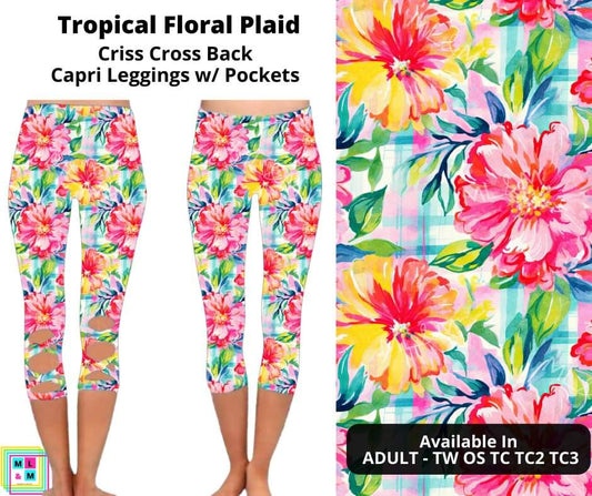 Tropical Floral Plaid Criss Cross Capri w/ Pockets