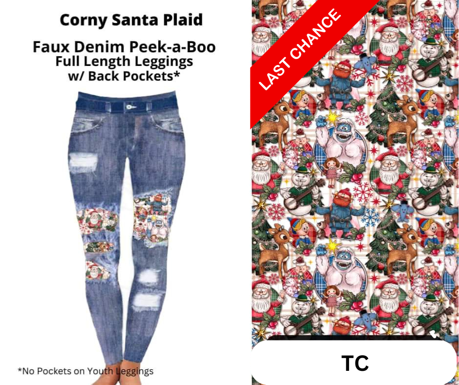 Corny Santa Plaid Faux Denim Full Length Peekaboo Leggings