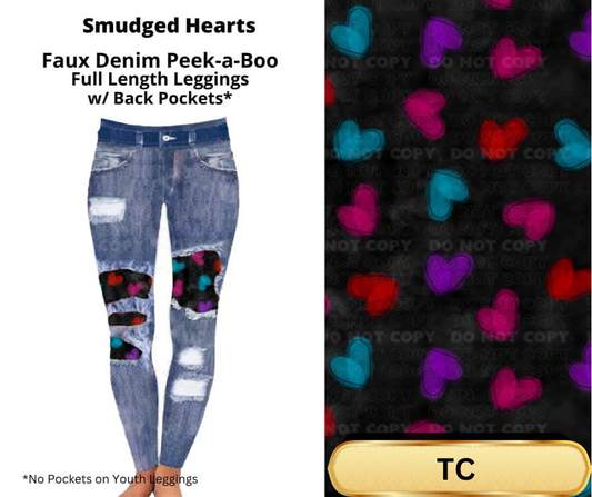 Smudged Hearts Faux Denim Full Length Peekaboo Leggings