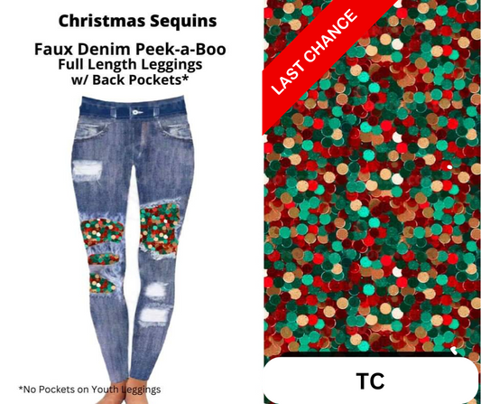 Christmas Sequins Faux Denim Full Length Peekaboo Leggings