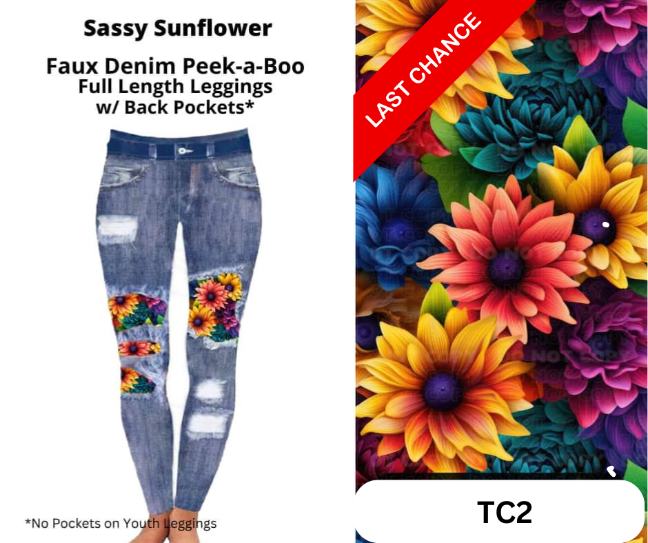 Sassy Sunflower Faux Denim Full Length Peekaboo Leggings