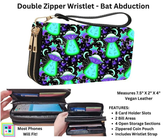 Bat Abduction Double Zipper Wristlet