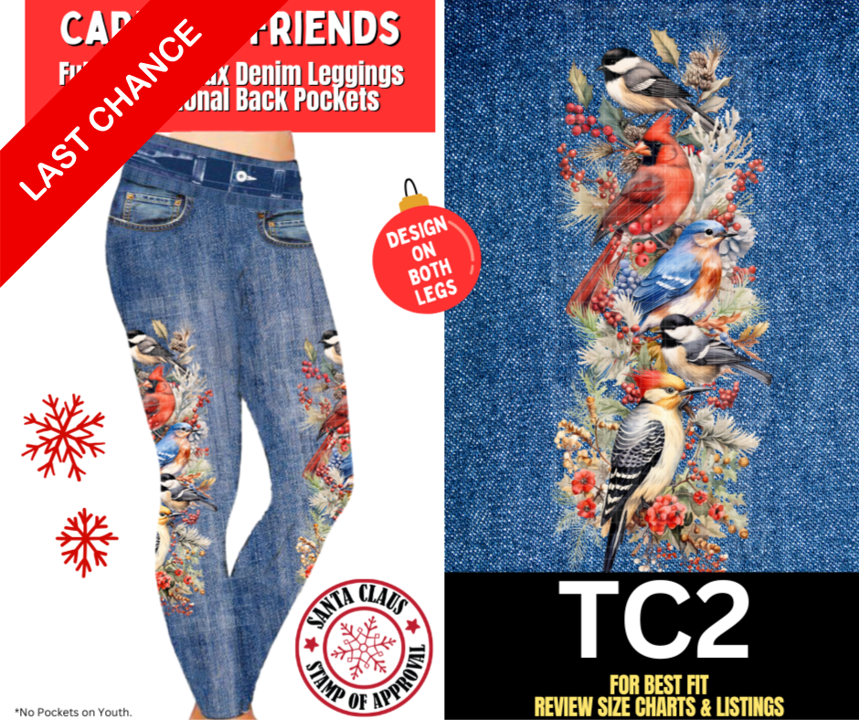Cardinal Friends Faux Denim w/ Side Leg Designs Fleece Leggings