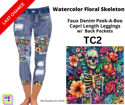 Watercolor Floral Skeleton Faux Denim Peekaboo Capris