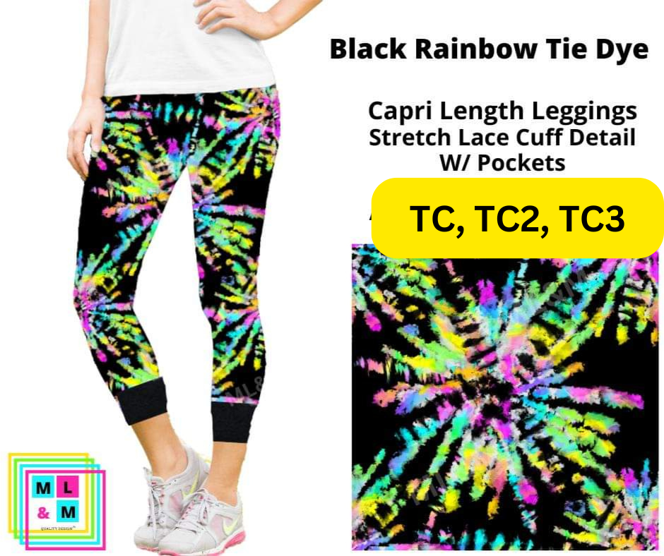 Black Rainbow Tie Dye Lace Cuff Capris w/ Pockets