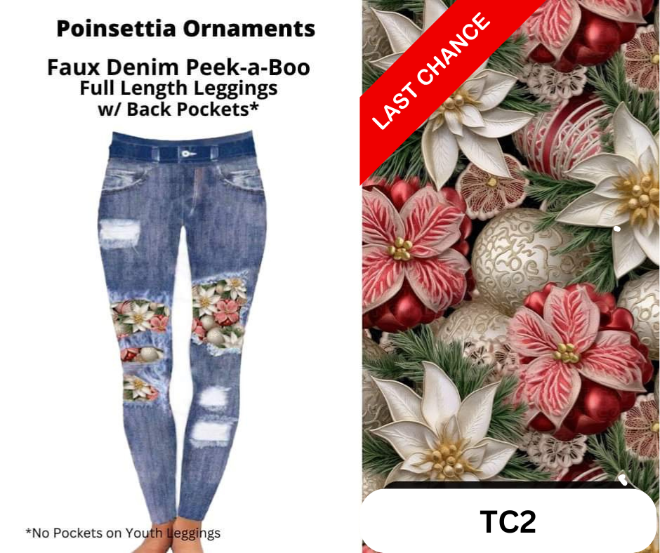 Poinsettia Ornaments Faux Denim Full Length Peekaboo Leggings