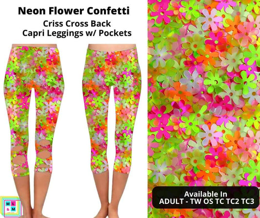 Neon Flower Confetti Criss Cross Capri w/ Pockets