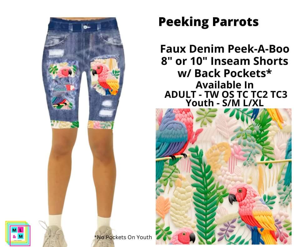 Peeking Parrots 10" Inseam Faux Denim Shorts