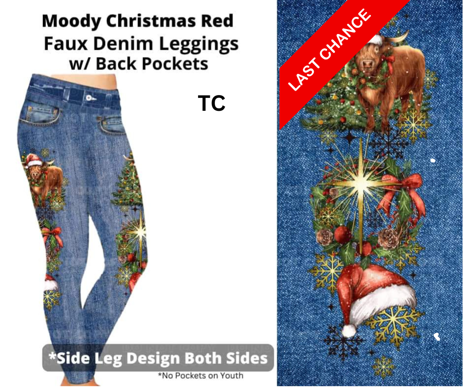 Moody Christmas Red Full Length Faux Denim w/ Side Leg Designs