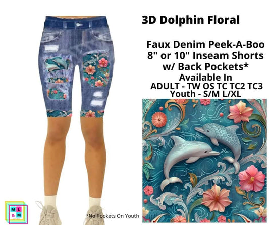 3D Dolphin Floral 8" or 10" Inseam Faux Denim Shorts