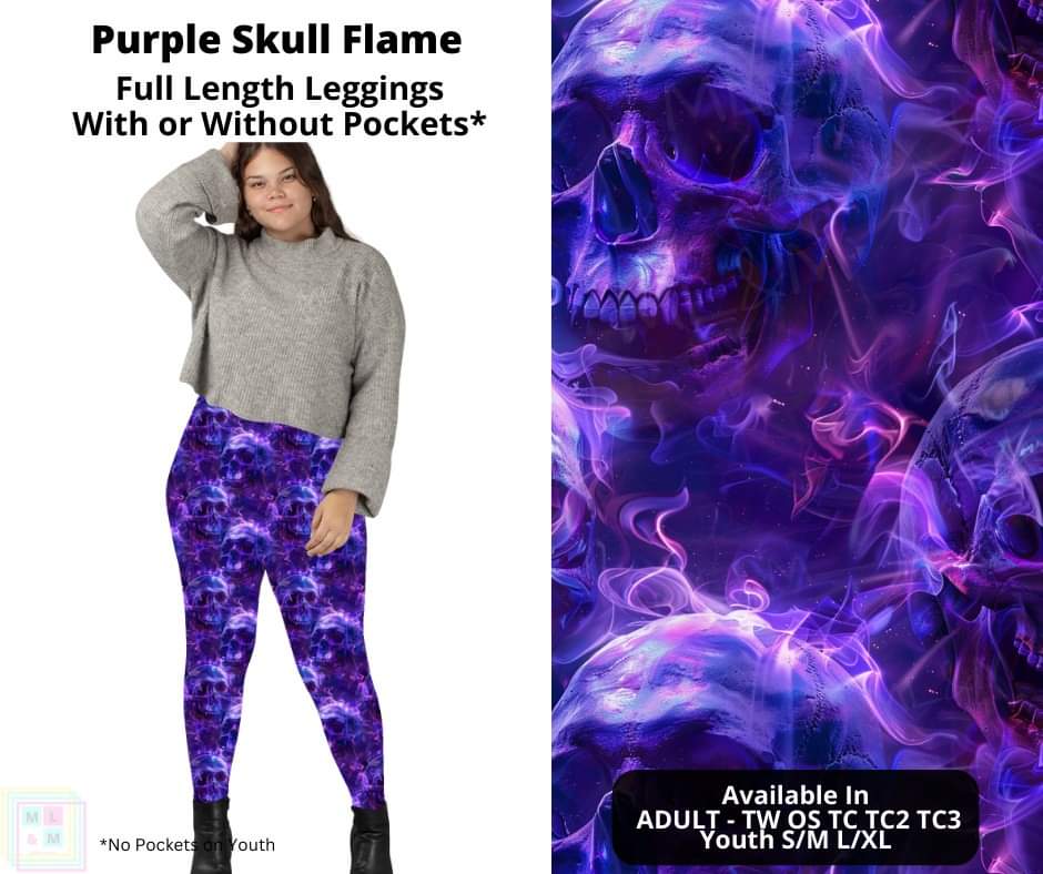 Purple Skull Flame Full Length Leggings w/ Pockets