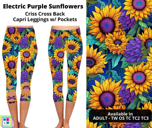 Electric Purple Sunflowers Criss Cross Capri w/ Pockets