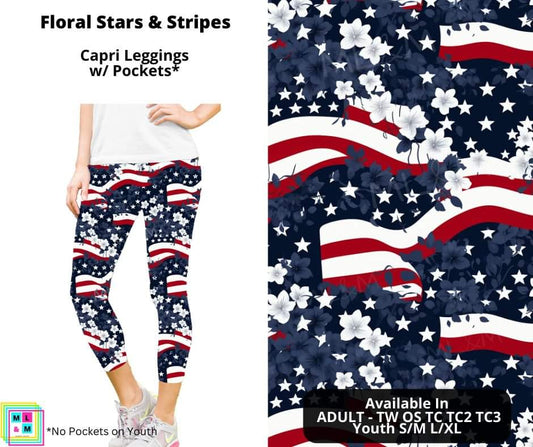 Floral Stars & Stripes Capri Length Leggings w/ Pockets