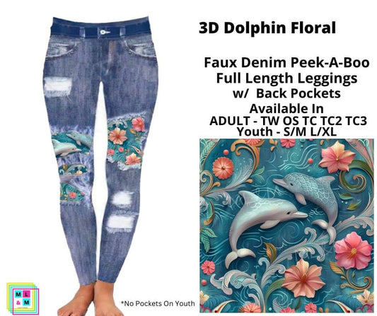 3D Dolphin Floral Faux Denim Full Length Peekaboo Leggings