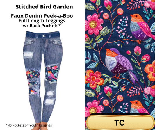 Stitched Bird Garden Faux Denim Full Length Peekaboo Leggings