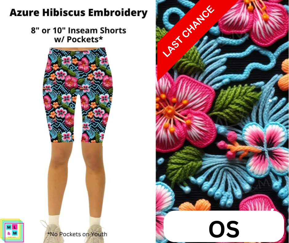 Azure Hibiscus Embroidery Shorts w/ Pockets